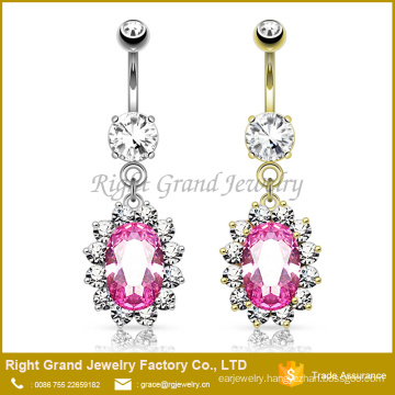 Surgical Steel Pink Oval Cubic Zirconia Gem Trim Dangle Navel Belly Ring